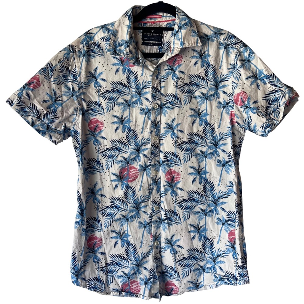 Denim &‎ Flower Palm Tree Print Button Up Short Sleeve Slim Fit Shirt